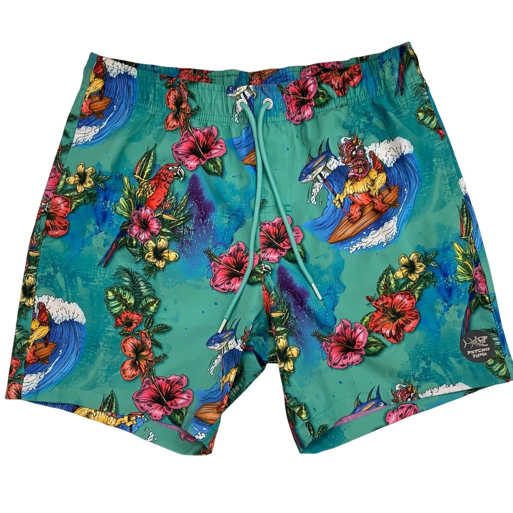 Psycho Tuna Mens Teal Tropical Surfing Skeleton Floral Swim Trunks Shorts Size M